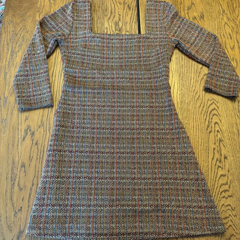 Free People Uptown‎ Girl Colorful Long Sleeve Dress Twill Tweed Plaid Preppy